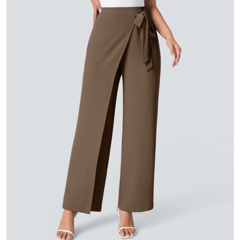 Halara XS Brown High Waisted Wide Leg Wrap Tie Front Side Work Dress Pants